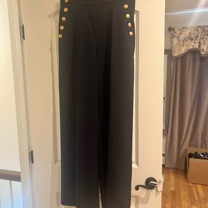 Sezane Navy High-Waisted Pants with Gold Button Accents